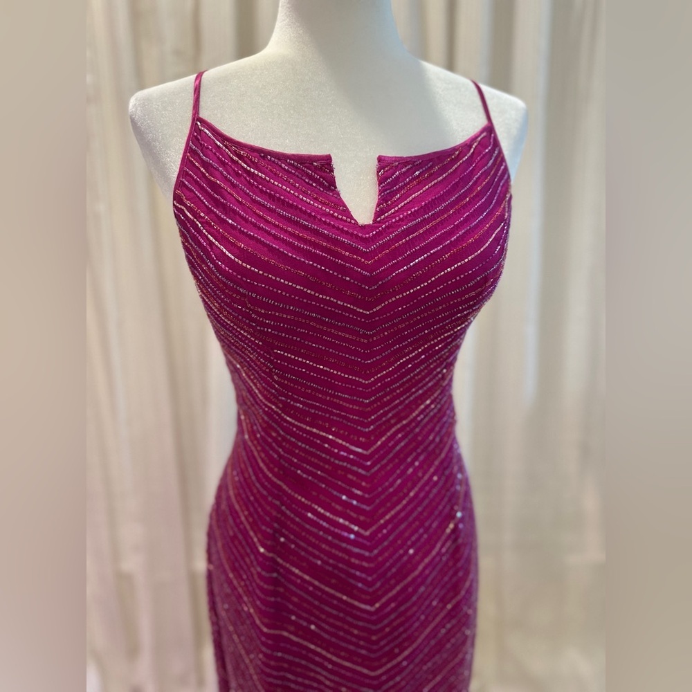 Scala Magenta Hot Pink Silk Beaded Prom Dress Size Large Formal Embellished Gown